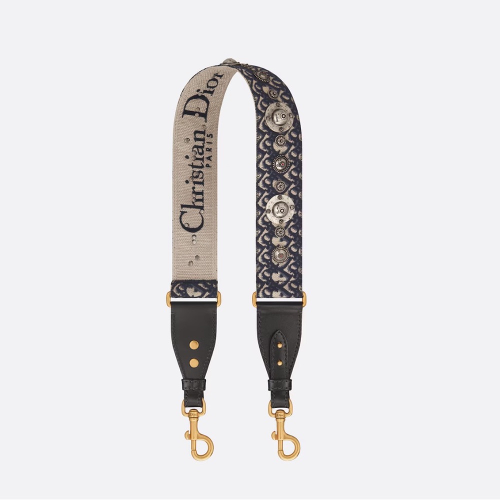 Dior: Blue Dior Oblique Embroidery Shoulder Strap with Ring
